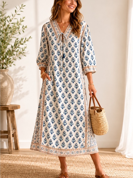 Tuckernuck Dresses & Skirts - Tuckernuck Cream Midi Dress with Blue Floral Print and Tan Trim